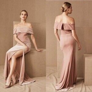 NWT! BHLDN "Fawn" Off Shoulder Velvet Maxi Dress with High Slit - Rose Color